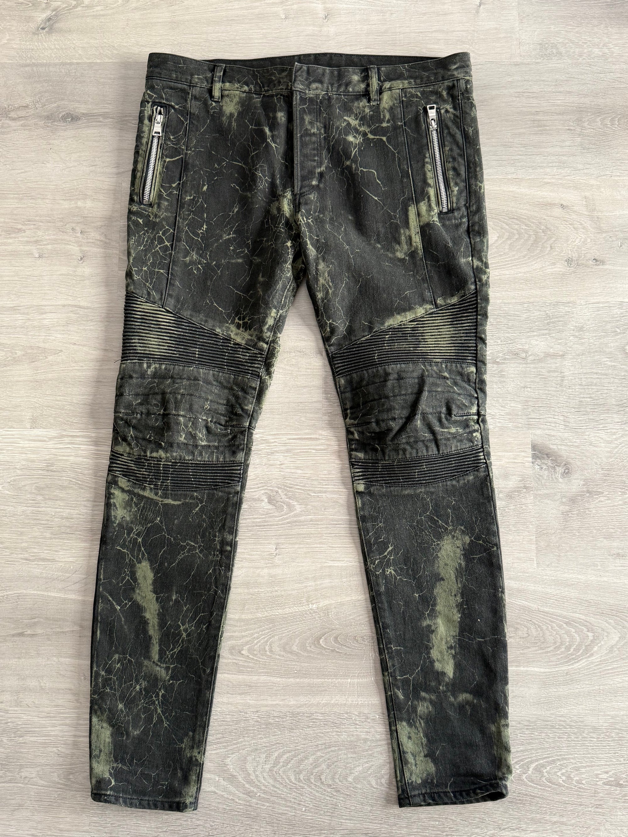 Jean motard Balmain effet marbré noir et kaki taille L